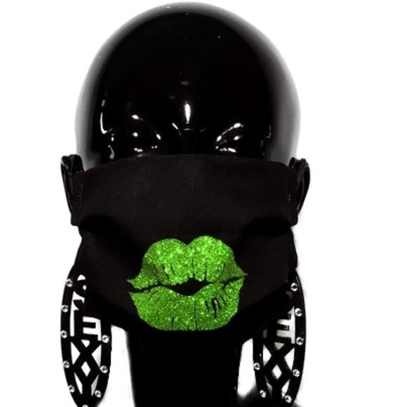 Sexy Lime Green Lips Handmade Cotton Face Mask. - Picture 2 of 6